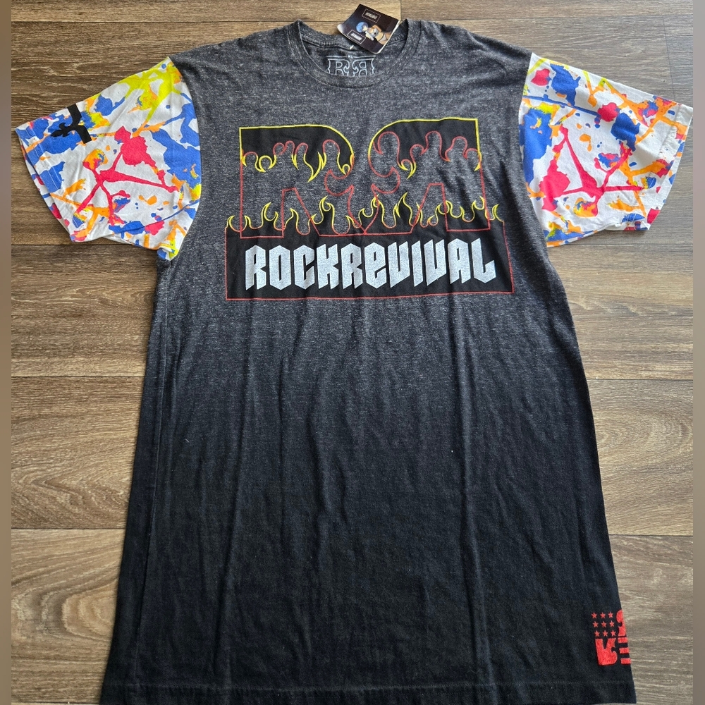 Rock Revival Denim Jeans Paint Splatrer Americab Flag Graphic T-Shirt M XL